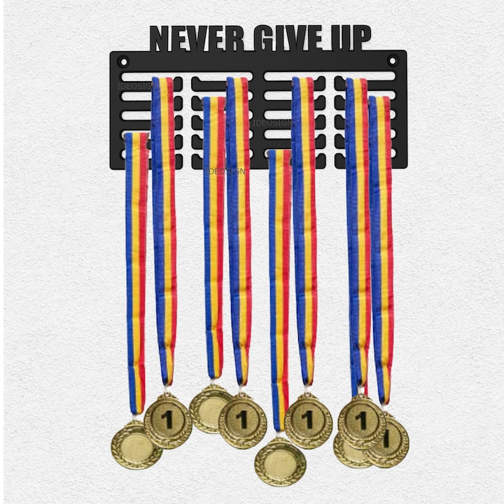 Suport medalii NEVER GIVE UP, 25x11cm, plastic, capacitate 20 medalii