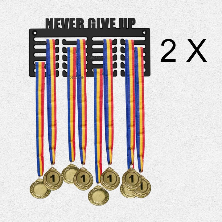 Set 2 suporti medalii NEVER GIVE UP, 25x11cm, plastic, capacitate 20 medalii