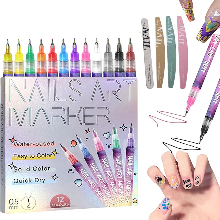 12 db 3D körömtoll és 4 db körömkiürítő ceruza készlet, többszínű