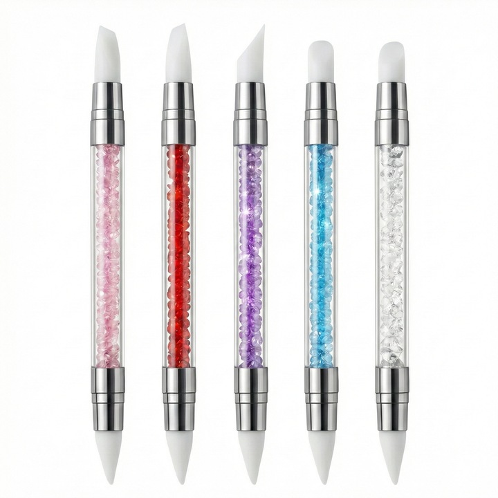 Set 5 pensule manichiura cu doua capete din silicon, pentru decor unghii TITECK™, aplicare pigmenti si stickere