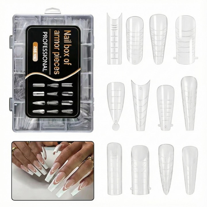 Set 288 Tipsuri Reutilizabile pentru Constructie Unghii TITECK™, 12 Modele Mixte, Dual Form Polygel, Profesionale