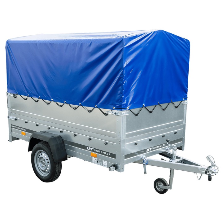 Remorcă cu un ax, UNITRAILER, 230x125x150cm, albastră, cadru din oțel zincat, podea din placaj rezistent la apă