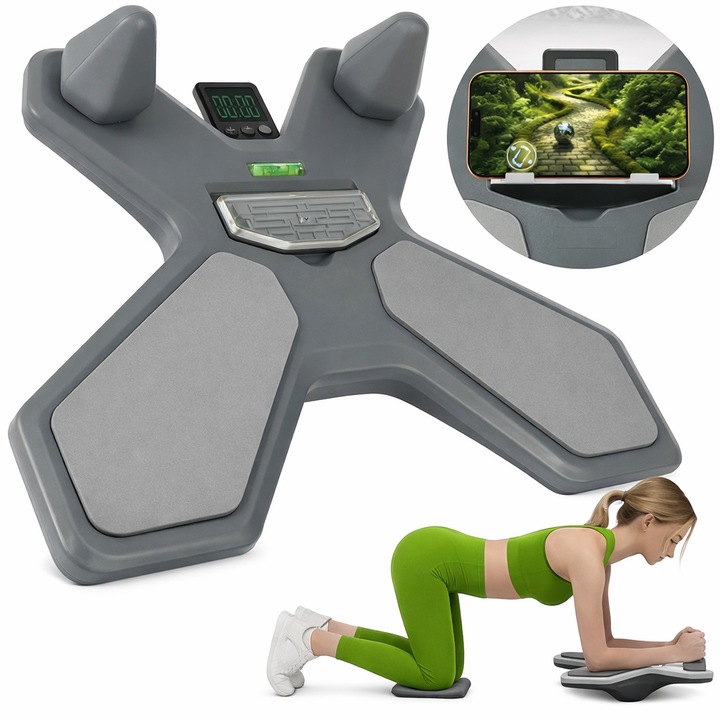 Placa de echilibru multifunctionala cu contor electronic si nivela, Platforma pentru antrenament abdomen si stabilitate, Placa fitness reversibila cu suport telefon, gri, 41 x 52 cm