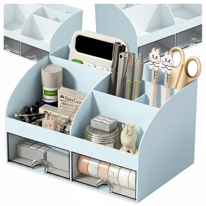 Organizator birou Zola, 2 sertare, 6 compartimente, bleu/transparent, 21x14x12cm