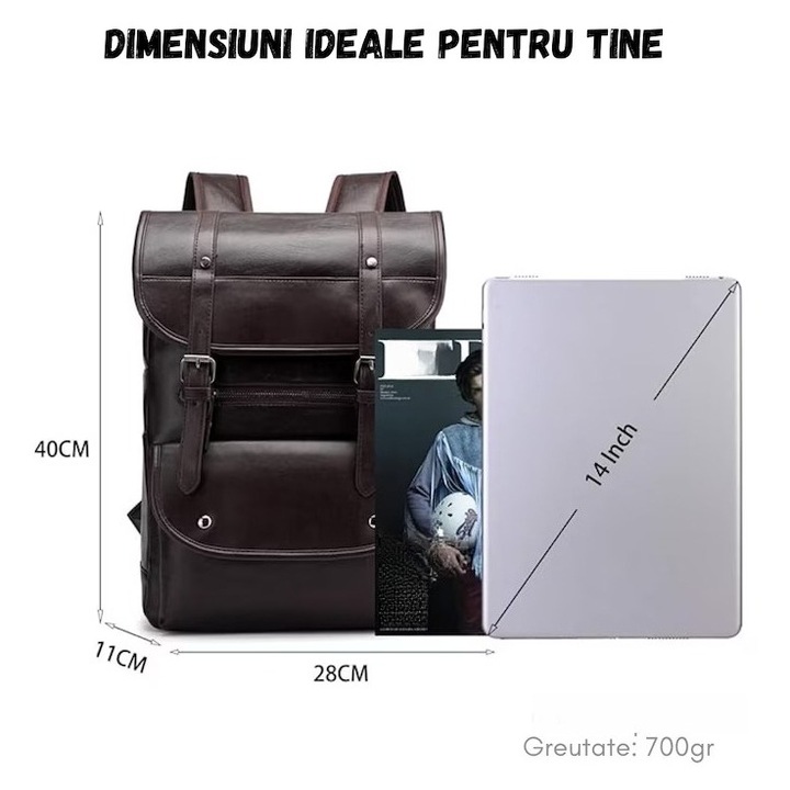 Többfunkciós laptop hátizsák, bőr külső, ideális irodába vagy utazáshoz, vízálló, több zseb, cipzáras nyitás és patentos védelem, 32 literes kapacitás, fekete, tartós anyag, brit retro design