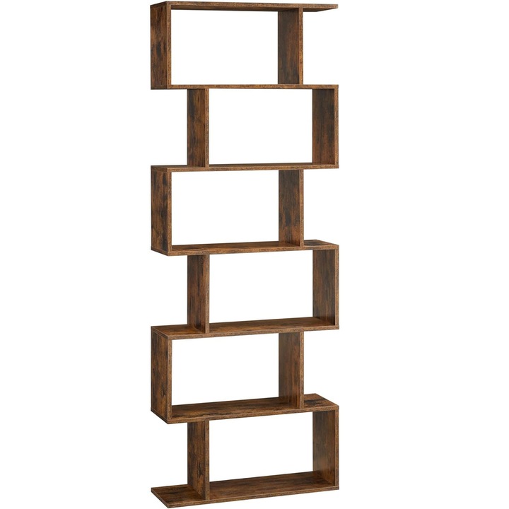 Biblioteca, raft cu 6 unitati de depozitare, pentru living, din lemn, 24x190x70cm, maro rustic