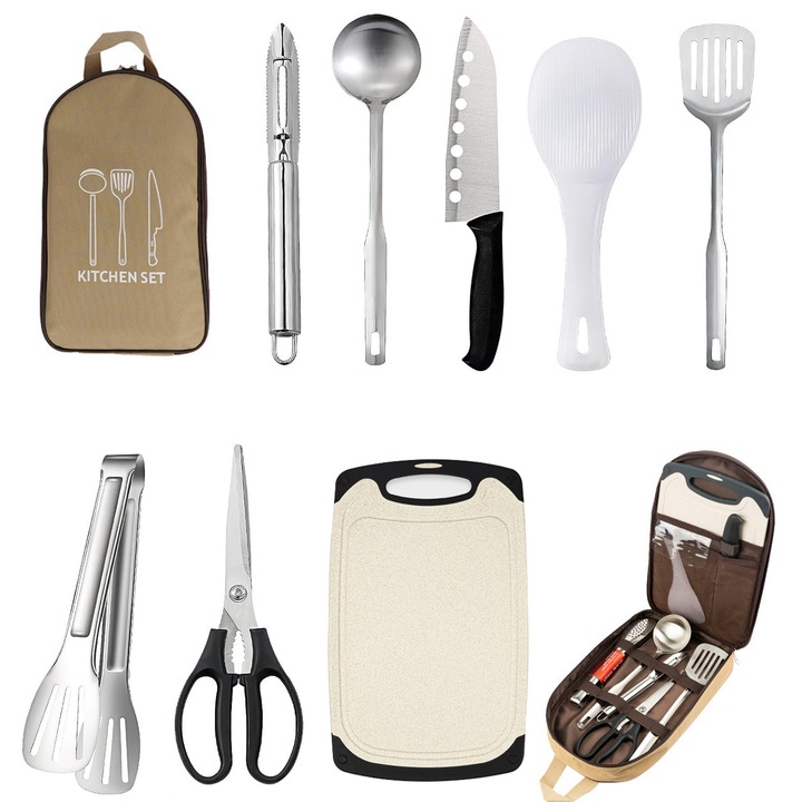 Set 8 Tacamuri Camping, SANSES, Inox, cu Lingura, Lingura de Gatit, Foarfeca, Cutit, Tocator, Spatula, Cleste, Geanta de Depozitare, pentru Calatorie, Iesirile in Aer Liber sau Drumetii, Negru