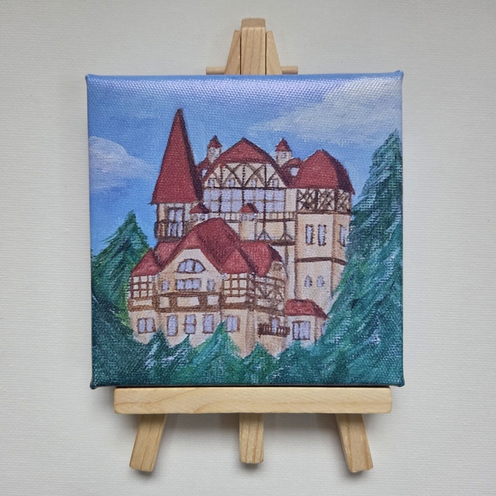 Tablou Aki, Cabana din padure, 10x10 cm, print pe panza de bumbac cu rama, inclus sevalet din lemn