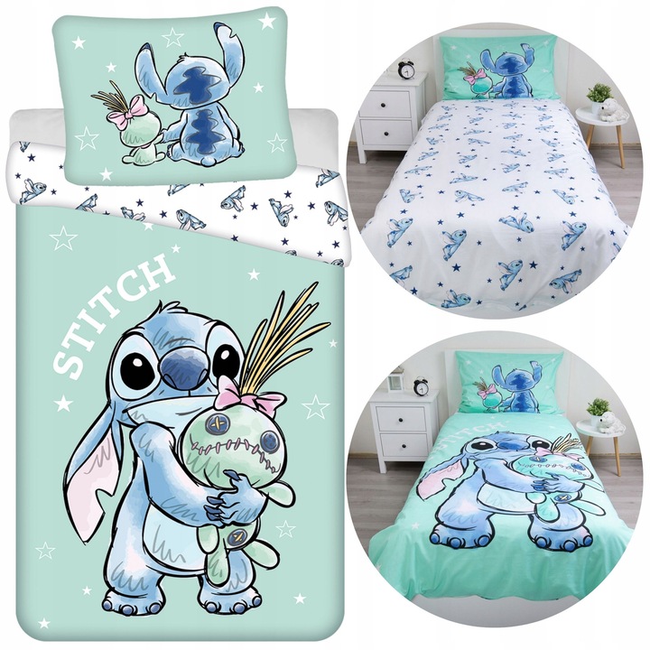Lenjerie de pat copii model Disney Stitch, Sarcia.eu, Set Husa Pilota 140x200 cm si Husa Perna, Reversibila, 100% Bumbac, Multicolor
