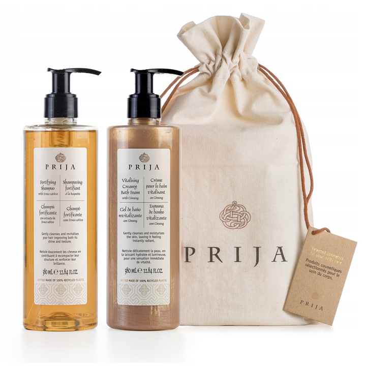 Set Cadou PRIJA, gel de dus 380 ml + sampon 380 ml, arome exotice, ambalaj elegant tip saculet
