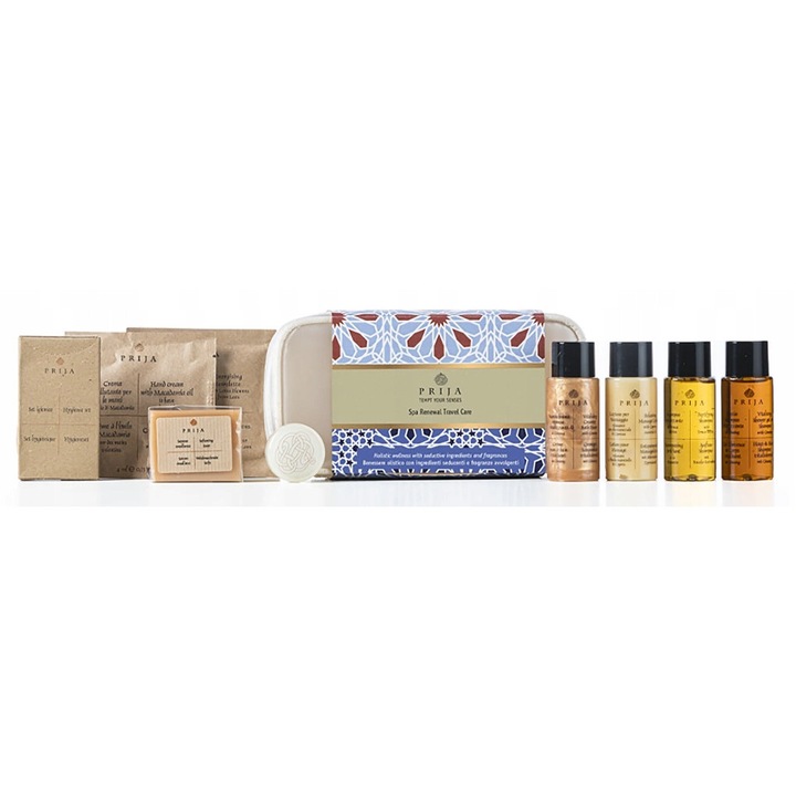 Set Cosmetice de Calatorie PRIJA, Mini-Flacoane 40ml, Gel Dus, Sampon, Balsam, Lotiune Corp, Sapun, Borseta Eleganta
