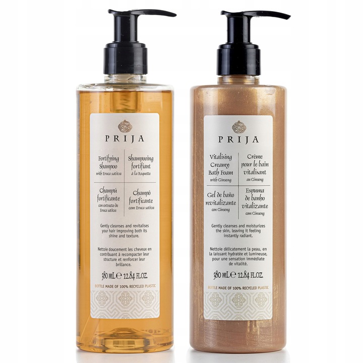 Set Cadou PRIJA, Sampon Revitalizant 380ml si Gel de Dus Aromatic cu Particule Stralucitoare 380ml, Hidratare
