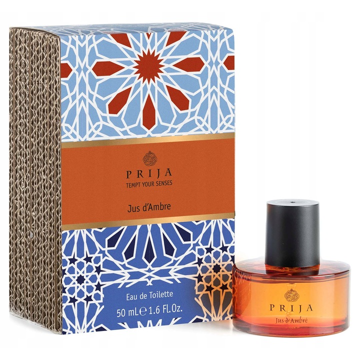 Унисекс парфюм PRIJA Jus d'Ambre 50 мл, цитрусови нотки, елегантен флакон, 6,1x6,4 см, комплект 10x6,1x15 см