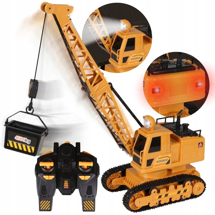 Macara Jucarie Telecomandata, Scara 1:20, Galben cu Accente Negre, Dimensiuni 40x17x60cm