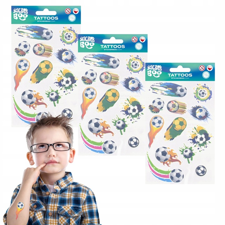 Set Tatuaje Temporare Fotbal pentru Copii, 3 Coli Mari, Non-Toxice, Multicolor