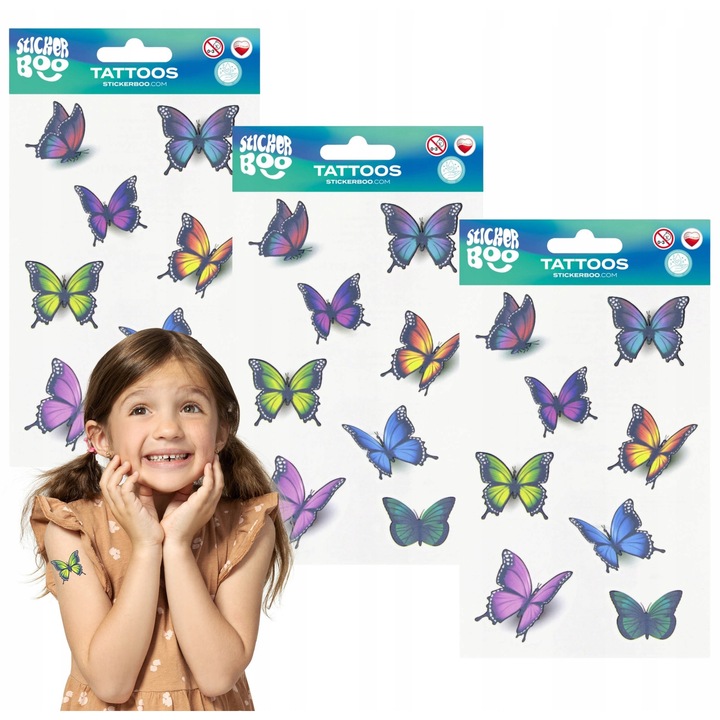 Set 3 Tatuaje Temporare Fluturi Asortati, Lavabile, Non-Toxice, Multicolor, 3+ ani