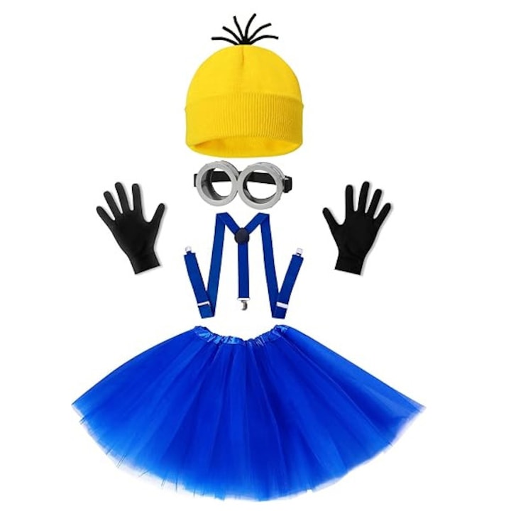 Set de costume de Halloween din cinci piese Minions, YDCY™, Despicable Me Minions, marime unica, usor si durabil, inclusiv ochelari de protectie/bonie galbena/rochie albastra/slinge/manusi si alte accesorii pentru costume de Halloween