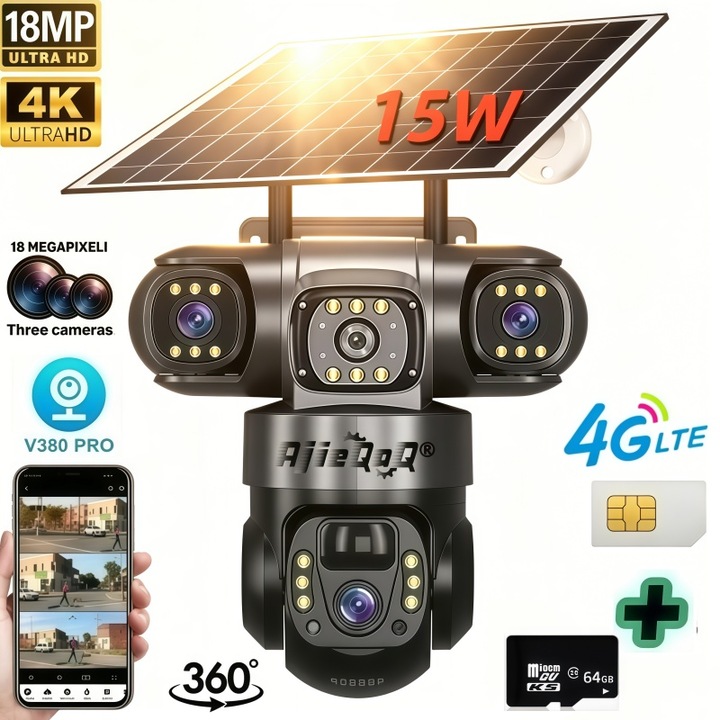 Camera Supraveghere Video Tripla Solara 4G AjieQaQ® V380 Pro, Sistem 3 Camere 18MP, Panou Solar si Acumulatori 8000mAh Inclusi, Rotire 350°, PTZ, DVR, Alarma Miscare, Urmarire Inteligenta, Audio Bidirectional, Vedere Nocturna, Card 64GB Inclus