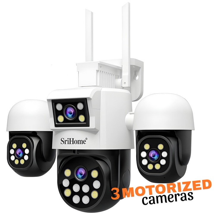 Camera Cvadrupla De Supraveghere Video WIFI CCTV SriHome™ SH069 Plus, 20 MP, 3 Camera Motorizate, 3X zoom, Rezistenta La Apa, Comunicare Bidirectionala, Senzor Miscare, Lampi Lumina, Alb