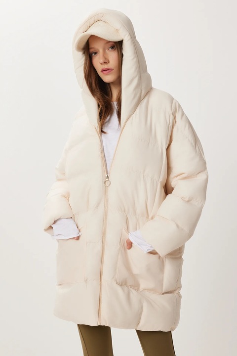 Geaca dama, Happiness Istanbul, oversized, cu fermoar, crem natural, poliester