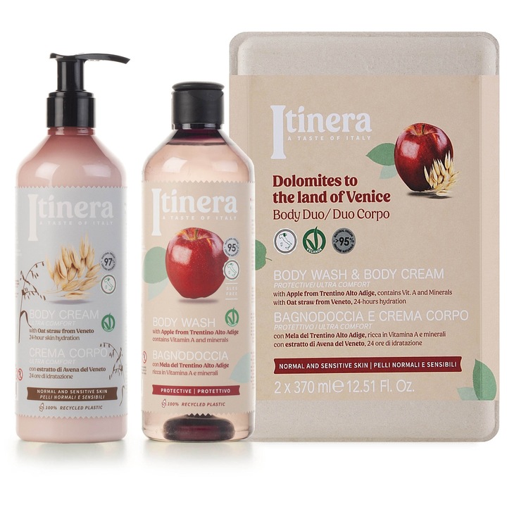 Set Cadou Ingrijire Corporala ITINERA, Gel de Dus 370ml si Lotiune Hidratanta 370ml cu Ovaz Natural, Vegan, Italia