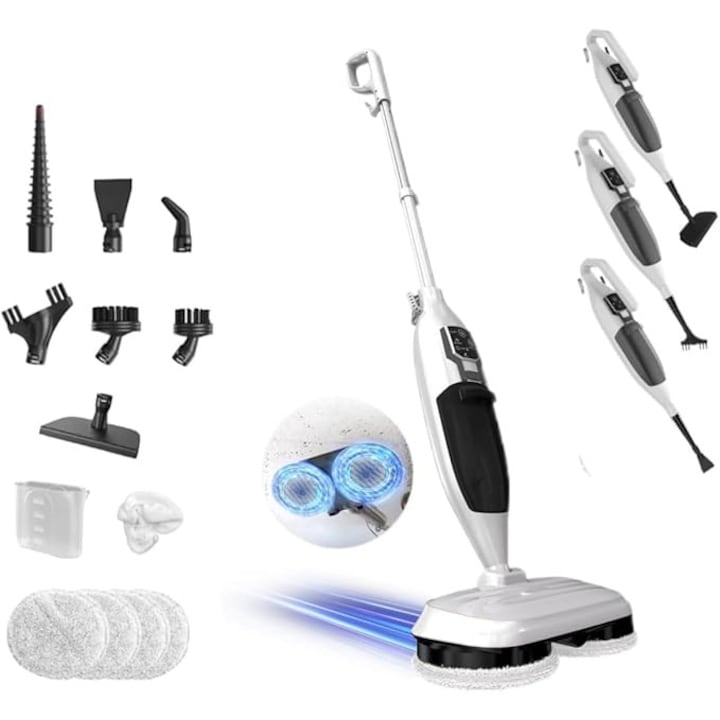 Mop cu abur 2-in-1, 1300W, 13 accesorii, 4 lavete microfibra, capacitate rezervor 550 ml, pentru pardoseli, geamuri