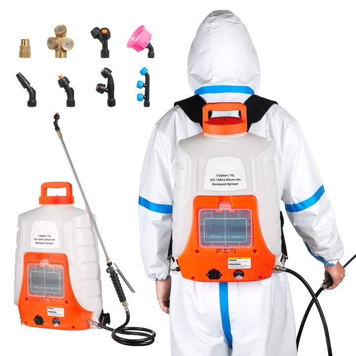 Електрическа раница пръскачка, Акумулаторна пръскачка 16 L, 8 дюзи, 2 телескопични пръчки, Регулируемо налягане 6,2 bar, Автономност 4–6 часа, За тревни площи и градина
