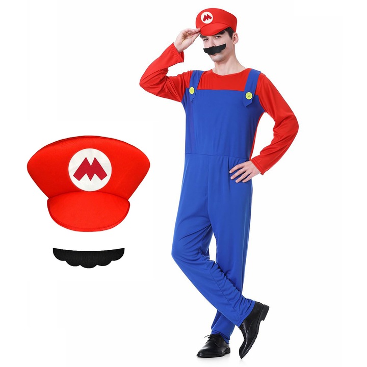 Costum clasic Super Mario pentru adulti, YOUKUKE®, joc de rol, Carnaval, Craciun, Halloween, Cu palarie si barba, Rosu, L, 175-185 cm