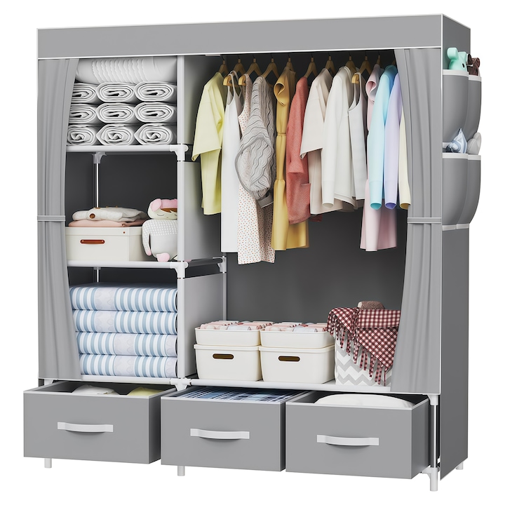 Dulap portabil Wacorresi, textil pliabil, 3 compartimente, gri, 105x45x168cm