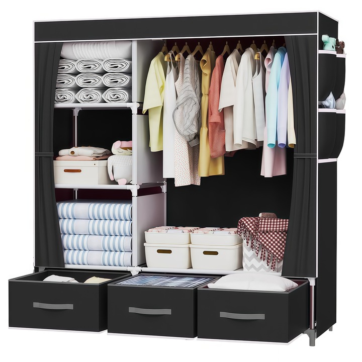 Dulap portabil Wacorresi, textil pliabil, 3 compartimente, negru, 105x45x168cm