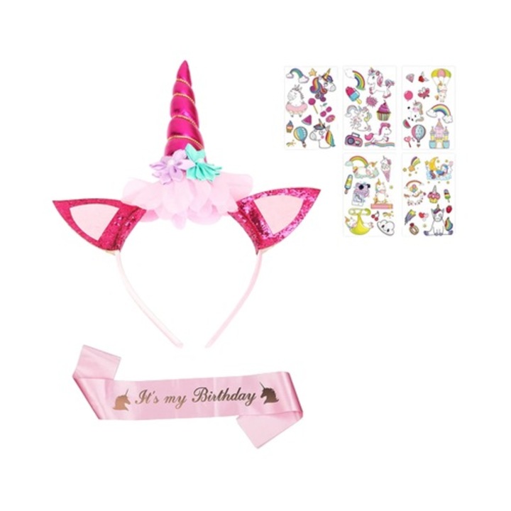 Set 8 piese, coronita, bentita si stickere cu unicorn, poliester, plastic, multicolor