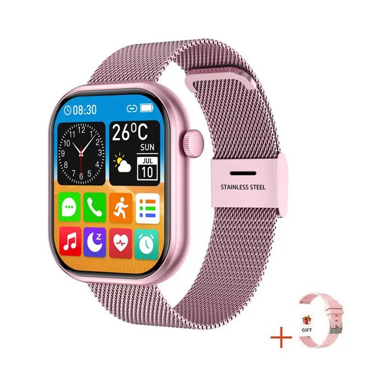 Ceas Smartwatch Inteligent G20, cu Apeluri Bluetooth, Multi-limba, Notificari de Apeluri, SMS si Social Media, Rezistenta la Apa IP67, Mod Sport, Pedometru, Monitorizare Somn, Monitorizare Ritm Cardiac SOS si SpO2, Redare Muzica, 1 Curea din Silicon Roz