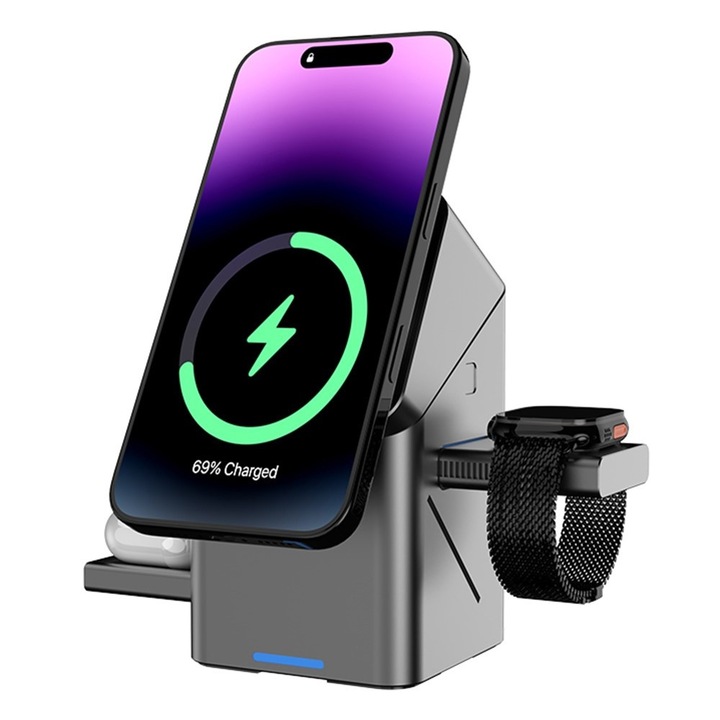 Statie de Incarcare Wireless 3 in 1 Trevix®, Fast Wireless Charger, 3 Dispozitive Simultan, Tehnologie MagSafe, Compatibil iPhone, Apple Watch, AirPods, Samsung, Huawei, Xiaomi, Protejeaza Bateria, Prindere Magnetica Puternica, Design Minimalist, Gri