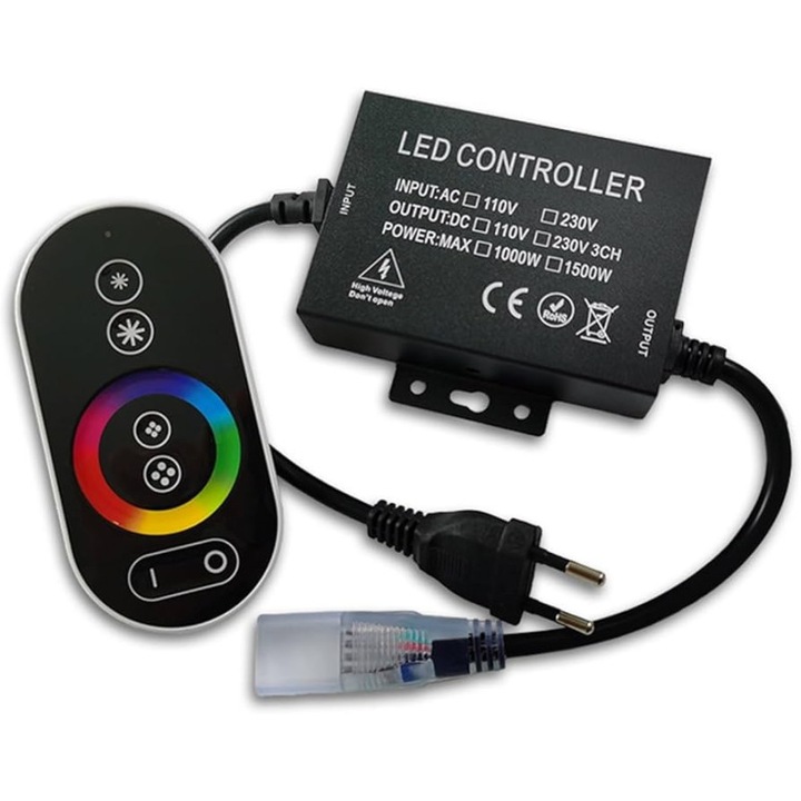 Controler banda LED RGB 220V RF touch cu telecomanda, efecte luminoase, indicatoare colorate, ideal pentru iluminat decorativ