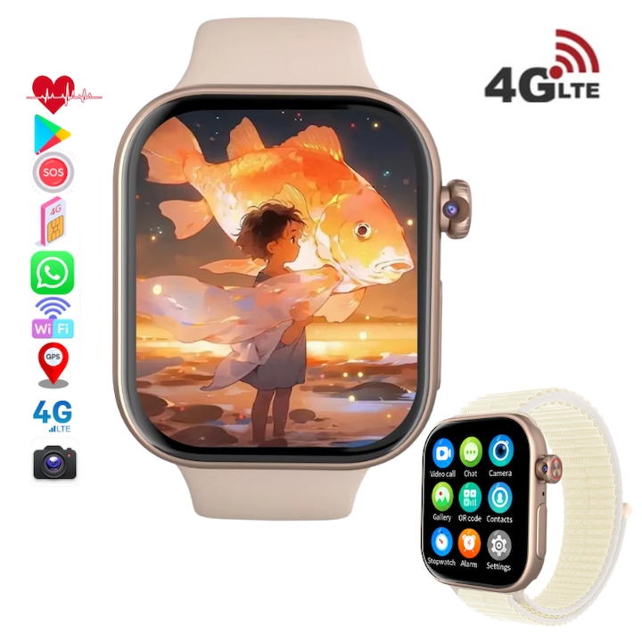 Ceas smartwatch copii MAUEX® S10 PRO, GPS 4G (5–12ani), Apel video HD, WhatsApp, TikTok, YouTube, Instagram, Facebook, Super AMOLED 2.04”, Camera HD, 2GB RAM 16GB ROM, Monitorizare, WiFi, Bluetooth, SOS, IP67, Android iOS, Curea suplimentara inclusa