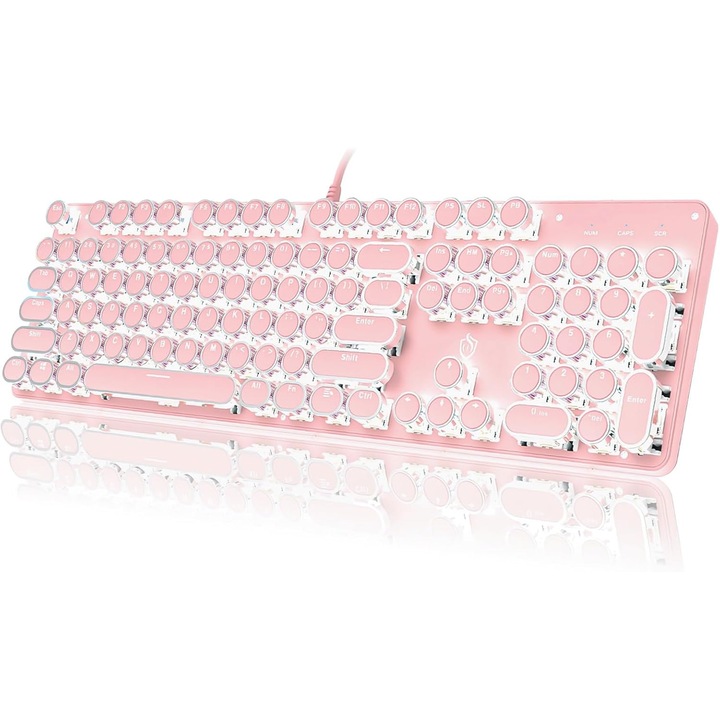 Механична клавиатура пънк, 104 клавиша, бели галванизирани капачки, метален панел, окачени клавиши, индивидуална бяла подсветка, сини суичове, ергономичен дизайн, за игри и офис, Ugo®, пастелно розово