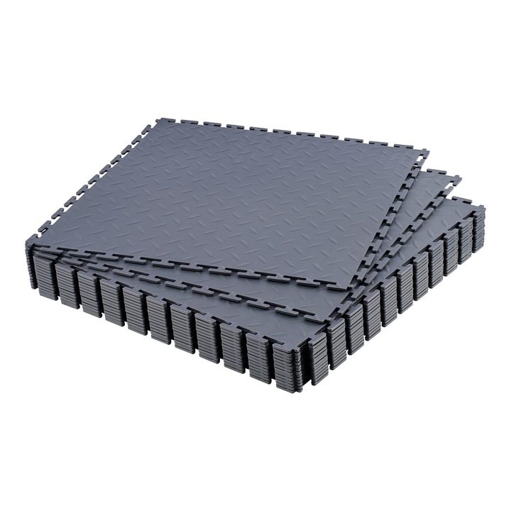Dale PVC interconectabile pentru pardoseala de garaj, Set 16 placi modulare, Model diamant antiderapant, Montaj rapid fara adeziv, Pentru atelier si depozit, Gri grafit
