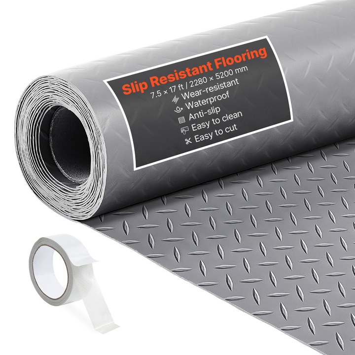 Covor PVC pentru garaj, Rulou pentru podea, 2, 28 x 5, 2 m, Grosime 2, 2 mm, Textura placa diamantata, Antiderapant, Usor de curatat, Cu banda dublu adeziva, Gri argintiu