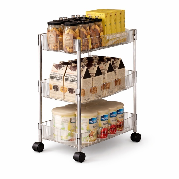 Raft depozitare Macvi® mobil cu 3 rafturi acrilice ingust cu roti pentru bucatarie baie si spatii mici 41 x 16 x 60 cm