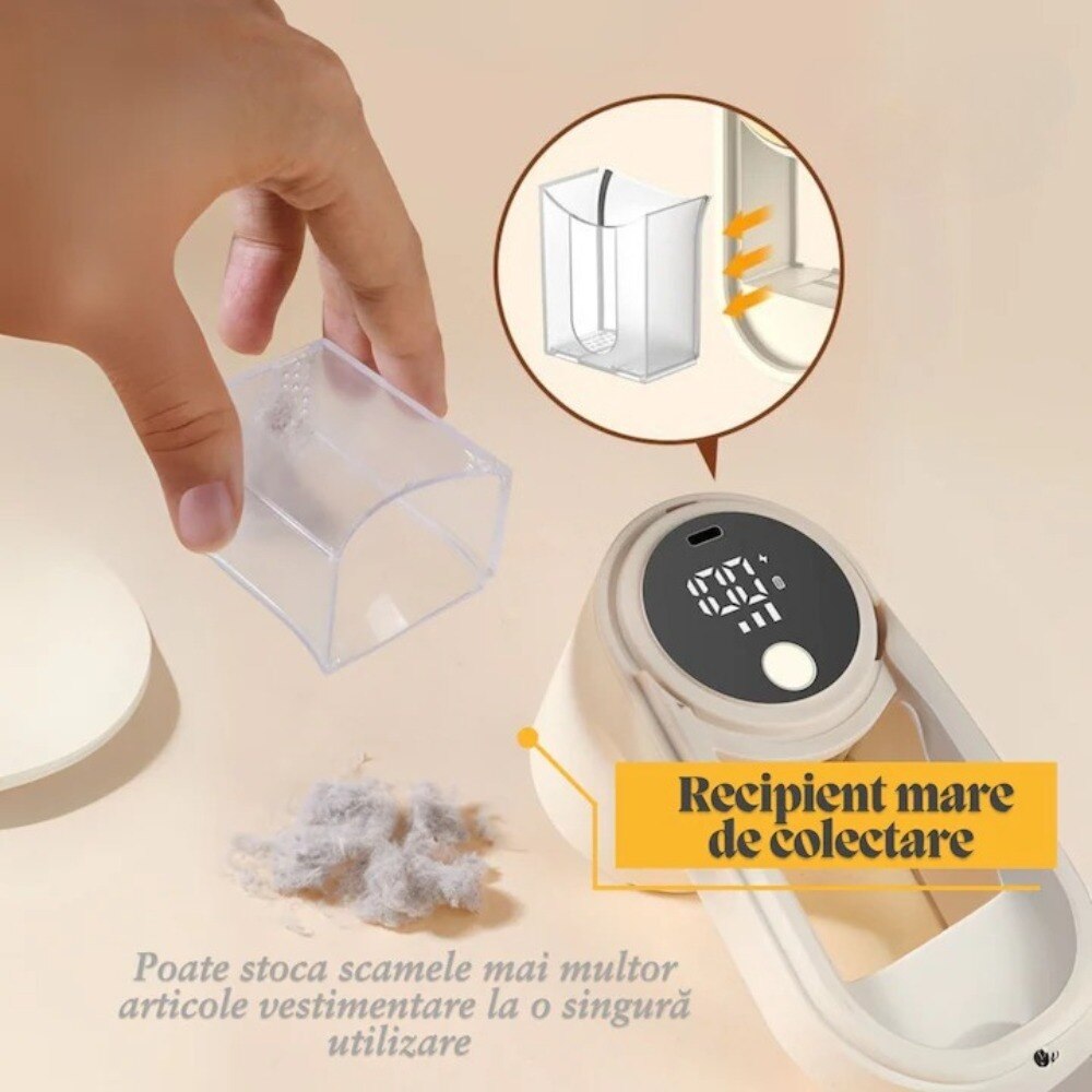 Aparat Curatat Scame Haine Reincarcabil USB, Cap Dublu, 4 Viteze, Display LED, Lame Inox, Ideal pentru Pulovere, Textile, Mobilier, Simplu, Uscator de casa, Electric Racleta de haine, indepartator, Bej