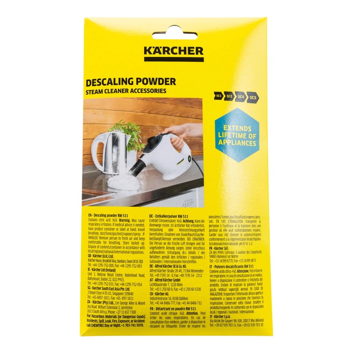 Set detergent pudră decalcifiant pentru aparat de curățat cu abur Karcher, 6 x 17 grame