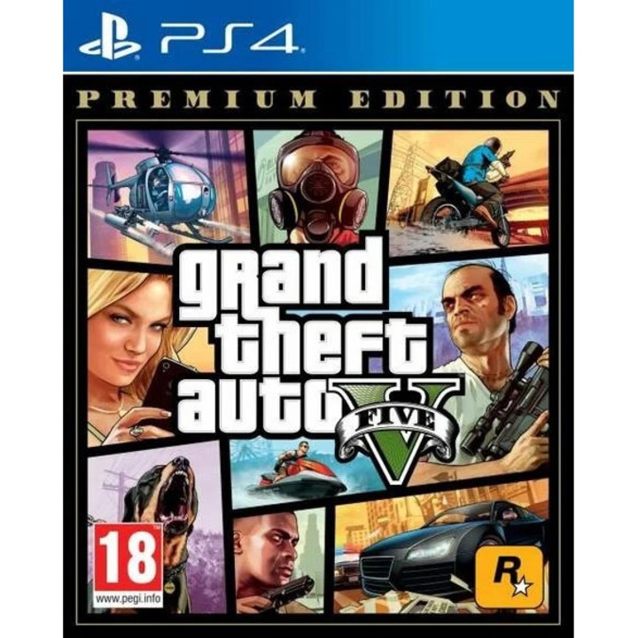 Joc PS4 Grand Theft Auto V Premium Edition, CENEGA, set cu acces la Grand Theft Auto Online, multiplayer, 2023