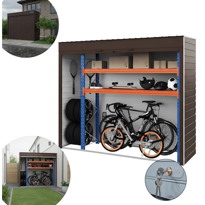 Dulap depozitare pentru exterior ParkingBox® GardenBox Grande, depozitare scutere, biciclete, roti, unelte, perfect pentru terasa, gradina, curte, Raft spatios cu 2 polite reglabile, constructie durabila, impermiabil, 250x216x80 cm, Aluminiu, Maro
