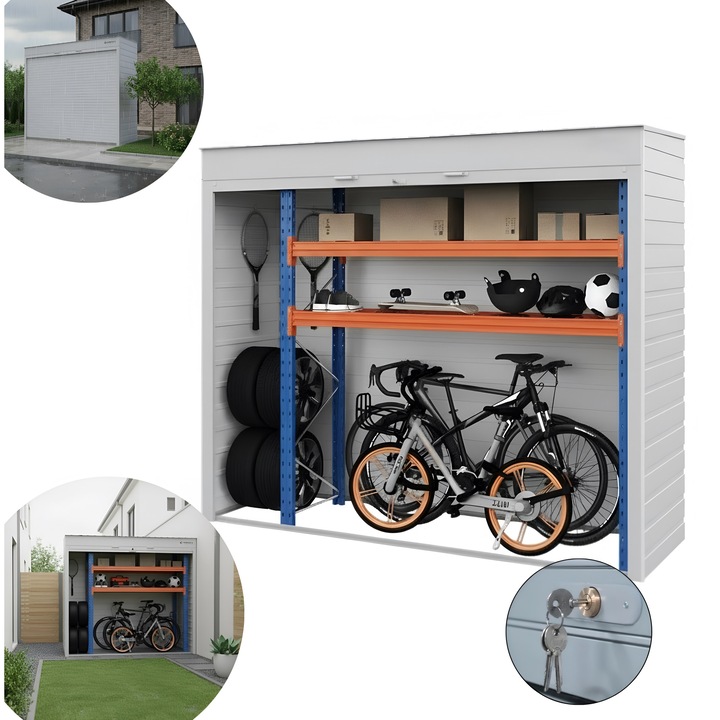 Dulap depozitare pentru exterior ParkingBox® GardenBox Grande, depozitare scutere, biciclete, roti, unelte, perfect pentru terasa, gradina, curte, Raft spatios cu 2 polite reglabile, constructie durabila, impermiabil, 250x216x80 cm, Aluminiu, Gri Argintiu