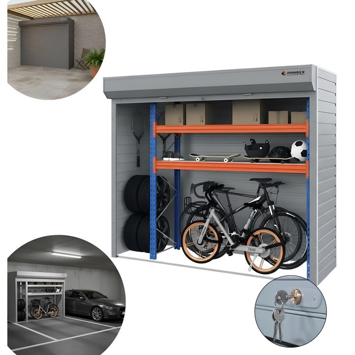 Dulap depozitare pentru interior ParkingBox® Grande, depozitare scutere, biciclete, unelte, perfect pentru parcare, terasa, Raft spatios cu 2 polite reglabile, Usa tip rulou, constructie durabila, 250x210x80 cm, Otel, Gri Argintiu