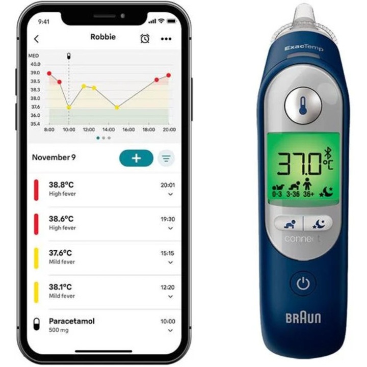 Braun ThermoScan 7+ Connect lázmérő, Age Precision funkció, Bluetooth, színes, 2 másodperc, elemekkel együtt
