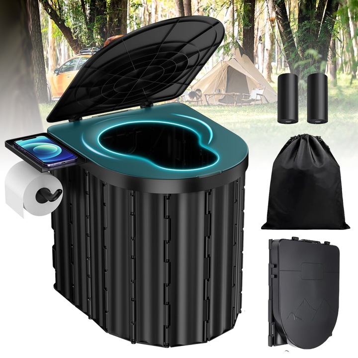 Toaleta Portabila, Bedee, Pliabila, Compact si Usor, Usor de Curatat, Voinic si Durabil, Suport pentru Telefon Mobil si Suport pentru Hartie, Multifunctionala, cu Saci de Gunoi, pentru Camping, Rulote, Cabane, Pescari, Negru