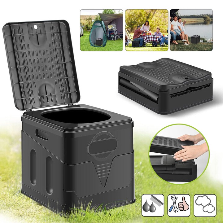 Toaletă portabilă pentru camping, neagră, 20L, 32x30x30cm, pliabilă, capacitate 200kg