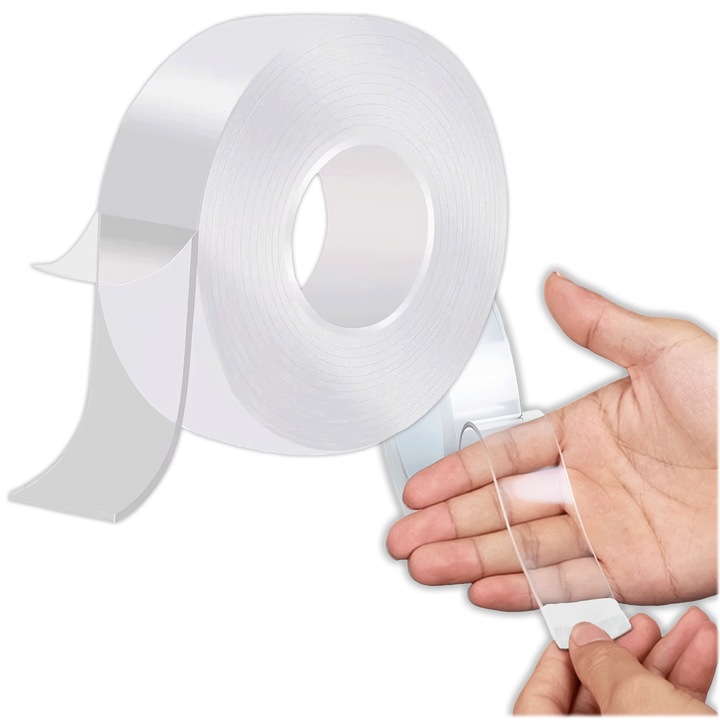 Banda Nano Dublu Adeziva 5 m, Banda Transparenta Extra Puternica Reutilizabila, Banda Adeziva Nano Gel pentru Pereti, Rame, Decoratiuni, LED si Fixare Obiecte, Fara Gaurire, Rezistenta la Apa