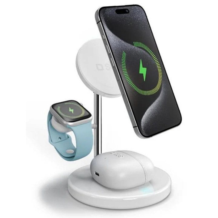 Statie de incarcare wireless SBS Qi2 3x1, suporta 3 dispozitive, tehnologie MagSafe, alb
